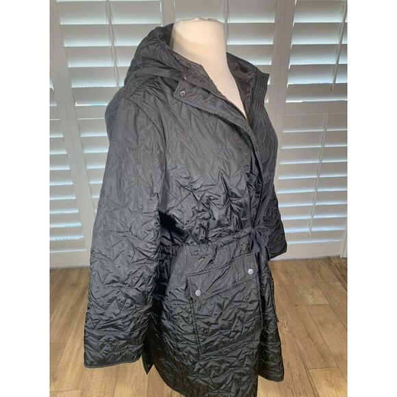 Avec Les Filles Black Anorak Quilted Star Parka Coat Large Hooded Cinched Winter - Picture 3 of 12